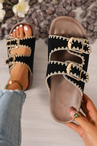 Black Embroidered Trim Retro Buckle Faux Suede Slippers, Dear-Lover Dropshipping - A Blissfully Beautiful Boutique