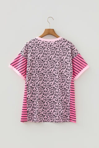 Pink Leopard Striped Patchwork Side Slit Loose Short Sleeve Top, Dear-Lover Dropshipping - A Blissfully Beautiful Boutique