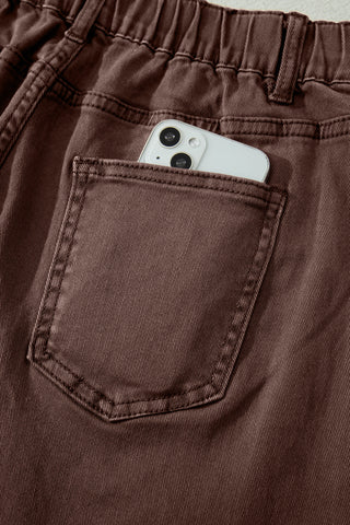 Coffee Solid Color Square Patch Pocket Ankle-length Barrel Jeans
