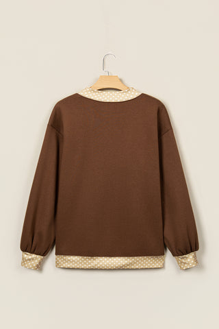 Coffee Polka Dot Trim High Neck BLESSED Letter Graphic Baggy Sweatshirt