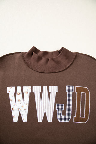 Gray WWJD Mixed Pattern Embroidered Patch Graphic Mock Neck Sweatshirt