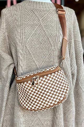 Straw Yellow Checkerboard Woven Zip Crossbody Bag, Dear-Lover Dropshipping - A Blissfully Beautiful Boutique