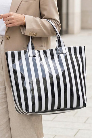 Color black Glossy Striped Vinyl Large Tote Bag, Dear-Lover Dropshipping - A Blissfully Beautiful Boutique