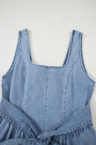 Myosotis Square Neck Bowknot A-line Sleeveless Denim Dress