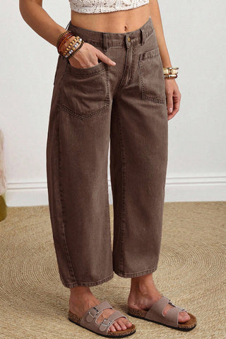 Coffee Solid Color Square Patch Pocket Ankle-length Barrel Jeans, Dear-Lover Dropshipping - A Blissfully Beautiful Boutique