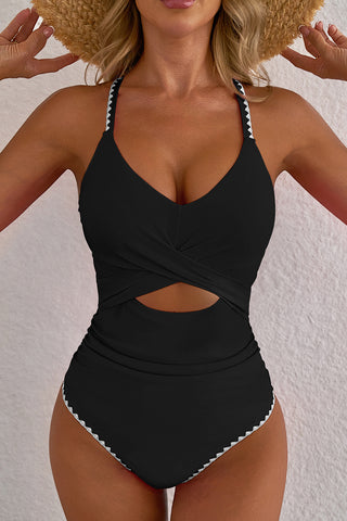 Black Ric Rac Trim Contrasted Patchwork Cutout One Piece Swimsuit