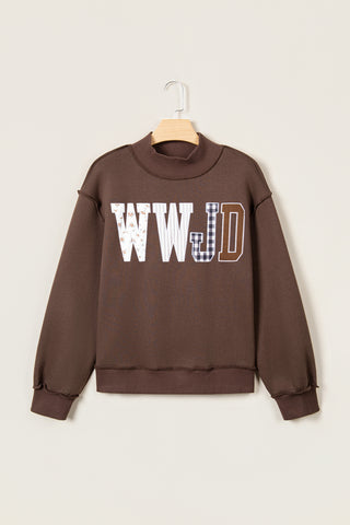 Gray WWJD Mixed Pattern Embroidered Patch Graphic Mock Neck Sweatshirt