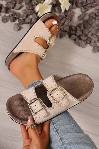 Beige Embroidered Trim Retro Buckle Faux Suede Slippers, Dear-Lover Dropshipping - A Blissfully Beautiful Boutique