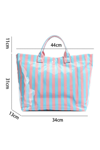 Light Blue Glossy Striped Vinyl Large Tote Bag, Dear-Lover Dropshipping - A Blissfully Beautiful Boutique
