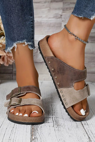 Coffee Leopard Two-tone Retro Buckle Straps Hollowed Faux Suede Slippers, Dear-Lover Dropshipping - A Blissfully Beautiful Boutique