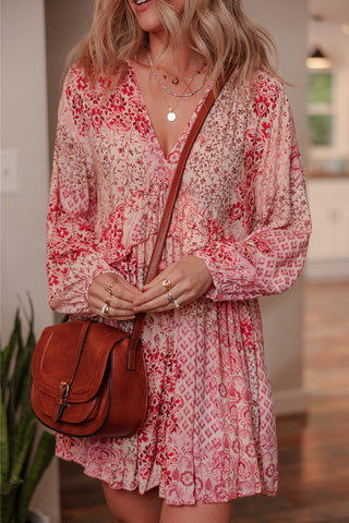 Pink Bohemian Floral Print Tassel Tie Long Sleeve Flowy Mini Dress, Dear-Lover Dropshipping - A Blissfully Beautiful Boutique