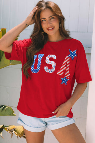 Fiery Red Patriotic USA Slogan Patch Embroidery Short Sleeve T Shirt, Dear-Lover Dropshipping - A Blissfully Beautiful Boutique