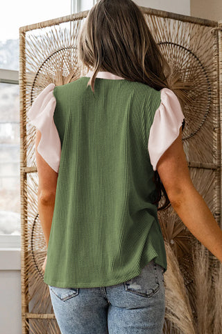 Vineyard Green Plus Size Contrast Frilled Neckline Ruffled Short Sleeve Ribbed Textured Blouse, Dear-Lover Dropshipping - A Blissfully Beautiful Boutique