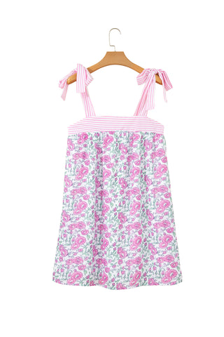 Pink Floral Print Striped Patchwork Bow Knot Straps Mini Dress