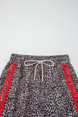 Brown Wild Leopard Print Contrast Lace Striped Detail Drawstring Pants, Dear-Lover Dropshipping - A Blissfully Beautiful Boutique