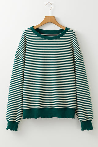 Green Stripe Loose Drop Shoulder Long Sleeve Top