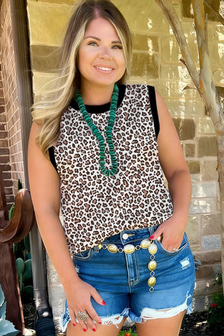 Khaki Contrast Trim Plus Size Leopard Vest, Dear-Lover Dropshipping - A Blissfully Beautiful Boutique