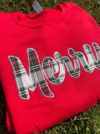 Merry Plaid Fabric Applique with Optional Side Bows Christmas Holiday Embroidered Sweatshirt, Merch Girls - A Blissfully Beautiful Boutique
