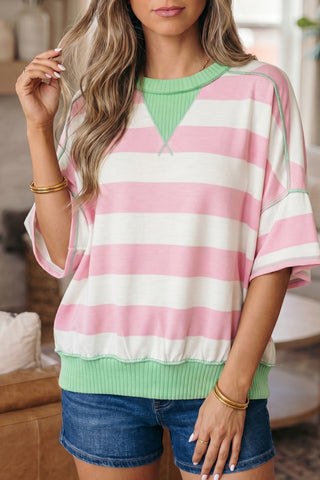 Pink Stripe Exposed Seam Ribbed Patchwork Oversized Tee, Dear-Lover Dropshipping - A Blissfully Beautiful Boutique