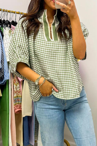 Green Plaid Short Sleeve Colorblock Trim Split Neck Blouse, Dear-Lover Dropshipping - A Blissfully Beautiful Boutique