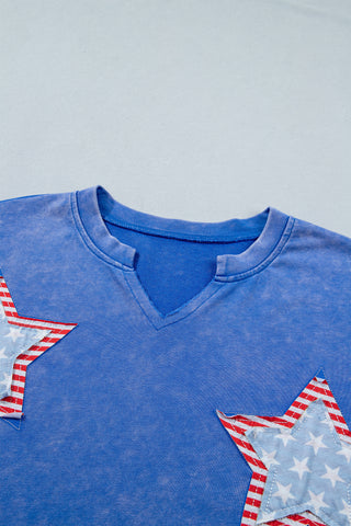 Sky Blue Patriot Star Patched Notched Neck Mineral Washed Tee, Dear-Lover Dropshipping - A Blissfully Beautiful Boutique