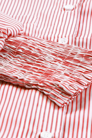 Red Stripe Smocked Cuffed Striped Boyfriend Shirt with Pocket
