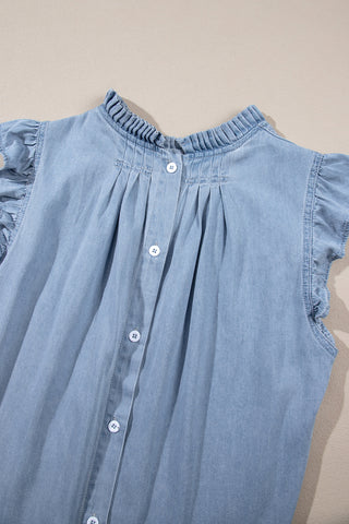 Beau Blue Frilly Pleated Button Back Retro Chambray Top