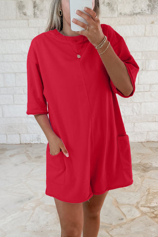 Fiery Red Solid Color Raw Edge Half Sleeve Pocketed Loose Romper, Dear-Lover Dropshipping - A Blissfully Beautiful Boutique