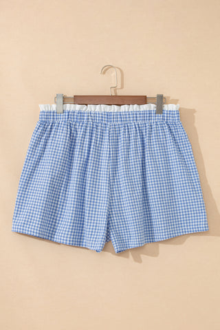 Sky Blue Contrast Trim Plaid Print Plus Size Shorts, Dear-Lover Dropshipping - A Blissfully Beautiful Boutique