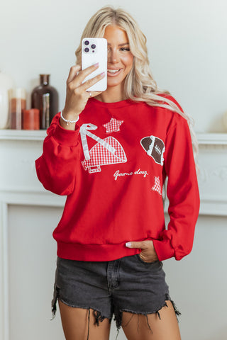 Racing Red Gingham Patch Embroidered Rugby Game Day Stars Sweatshirt