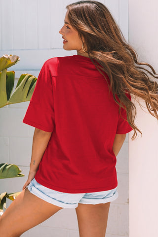 Fiery Red Patriotic USA Slogan Patch Embroidery Short Sleeve T Shirt, Dear-Lover Dropshipping - A Blissfully Beautiful Boutique