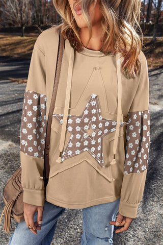 Apricot Floral Patchwork Star Pattern Drawstring Hoodie