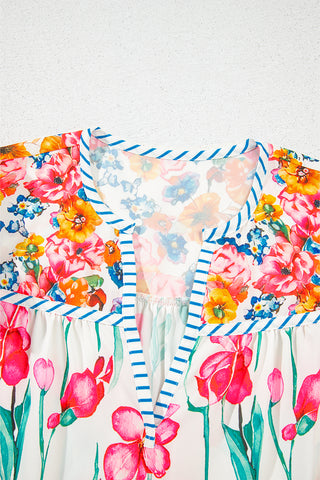 Pink Floral Print Striped Detail Split Neck Short Sleeve Blouse, A Blissfully Beautiful Boutique - A Blissfully Beautiful Boutique