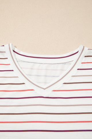 White Stripe V Neck Casual Plus Size Tee, Dear-Lover Dropshipping - A Blissfully Beautiful Boutique