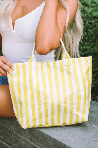Yellow Cream Glossy Striped Vinyl Large Tote Bag, Dear-Lover Dropshipping - A Blissfully Beautiful Boutique