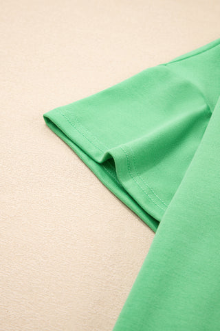 Mint Green V Neck Drop Shoulder Tee and Patchwork Drawstring Shorts Set