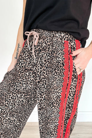 Brown Wild Leopard Print Contrast Lace Striped Detail Drawstring Pants, Dear-Lover Dropshipping - A Blissfully Beautiful Boutique