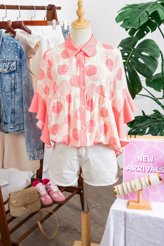 Pink Double Polka Dot Printed Ruffle Trim Short Sleeve Babydoll Shirt, Dear-Lover Dropshipping - A Blissfully Beautiful Boutique