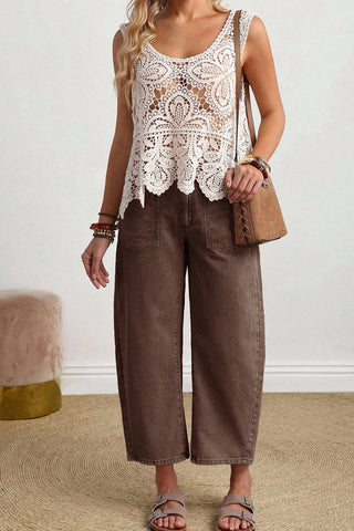 Coffee Solid Color Square Patch Pocket Ankle-length Barrel Jeans, Dear-Lover Dropshipping - A Blissfully Beautiful Boutique