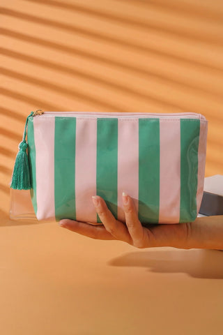 Dark Green Striped Vinyl Waterproof Tassel Zipper Makeup Bag, Dear-Lover Dropshipping - A Blissfully Beautiful Boutique