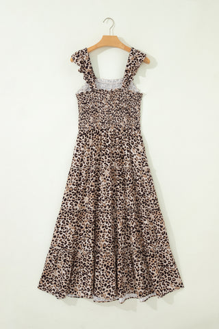 Brown Ruffled Straps Smocked Tiered Leopard Maxi Dress, Dear-Lover Dropshipping - A Blissfully Beautiful Boutique