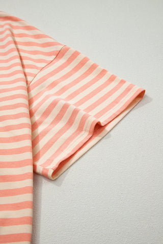 Pink Stripe Drop Shoulder T Shirt and Shorts Plus Size Summer Set, Dear-Lover Dropshipping - A Blissfully Beautiful Boutique