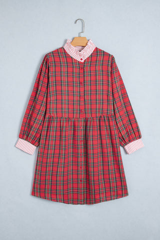 Red Plaid Striped V Neck Collar Cuff Details Shift Plus Size Dress