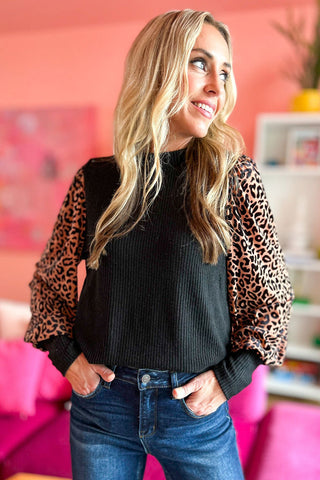 Black Leopard Print Long Sleeve Ribbed Knit Blouse