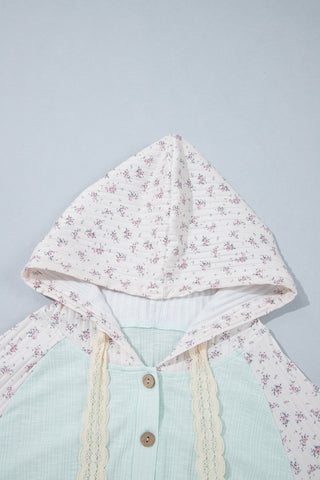 Clearly Aqua Textured Floral Patchwork Button Hooded Long Sleeve Top