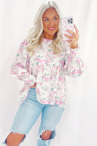 Pink Floral Print Shirred Balloon Sleeve Keyhole Back Babydoll Blouse