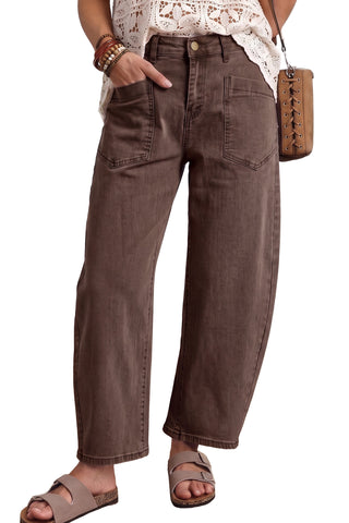 Coffee Solid Color Square Patch Pocket Ankle-length Barrel Jeans