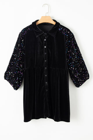 Black Sequin Puff Sleeve Buttoned Velvet Peplum Shirt