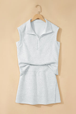 Light Grey Solid Color Sleeveless Zipper Tank and Skort Set