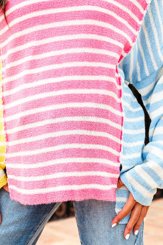 Multicolour Color Block Striped Patchwork Dolman Sleeve Slit Sweater, Dear-Lover Dropshipping - A Blissfully Beautiful Boutique